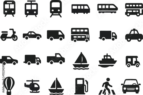 Transportation, vehicle icon set. Vector glyph pictograms of travel, logistics, public transit concepts, car, train, bus, bicycle, boat, and airplane black silhouette illustration.