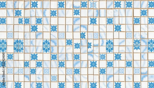 Intricate white & light blue azulejo tile mosaic, square Mediterranean ornament background,   pattern design,  light blue