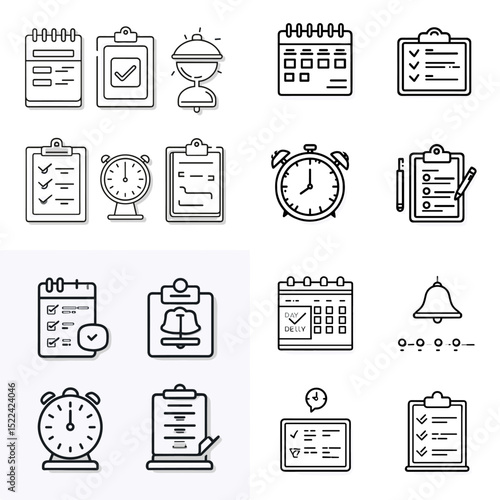 Minimalist line icons of to-do lists, schedules, clipboards, and timers—perfect for productivity apps, planner templates, and time management content.

