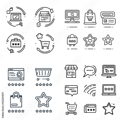 Flat line icons of online shopping, customer feedback, ratings, and e-commerce tools—perfect for webshops, user experience design, and digital retail content.


