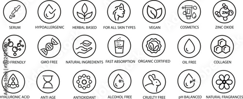 Organic, natural, vegan, cruelty free, collagen, anti age, antioxidant cosmetic editable stroke outline icons set isolated on white background flat vector illustration. Pixel perfect. 64 x 64.