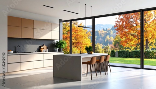 Modern Kitchen with Autumnal View