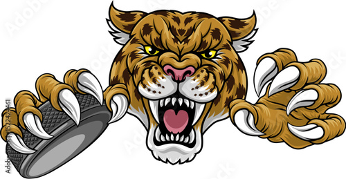 A jaguar, panther, leopard or cheetah wildcat spotted cat hockey sports team mascot holding an ice hockey puck