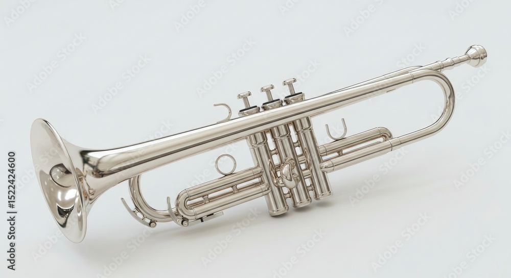 Fototapeta premium Shiny Silver Trumpet Musical Instrument Isolated on a White Background with Detailed Metallic Texture