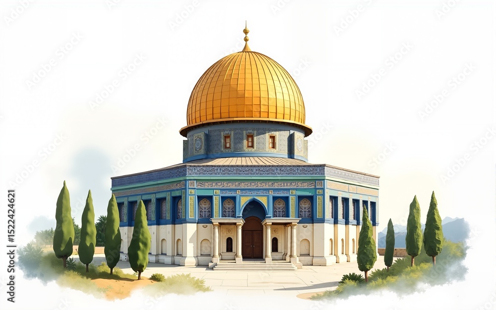 Fototapeta premium Watercolor illustration of a grand golden domed architectural structure. High quality