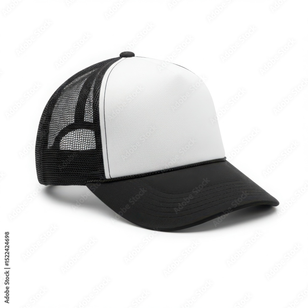 Fototapeta premium Isolated black and white trucker hat with mesh back on a white background