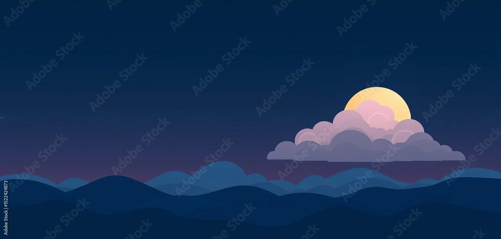 Obraz premium Minimalist moon and cloud icon; serene night scene Flat art style, stars, design