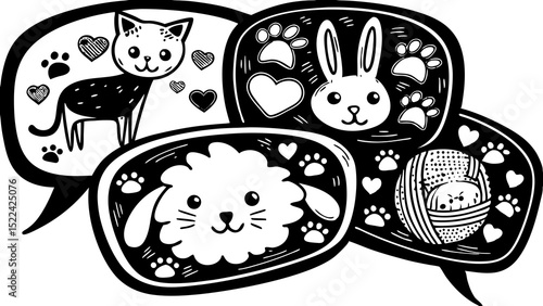 Adorable black and white illustration of various cute pets including a cat bunny sheep and baby animal in speech bubbles