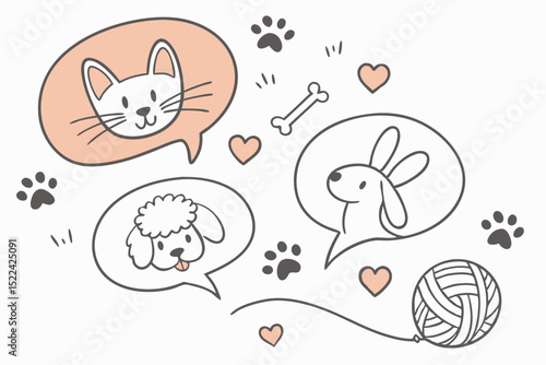 Adorable hand drawn pet cat dog and bunny characters expressing love and affection for cute animal design elements