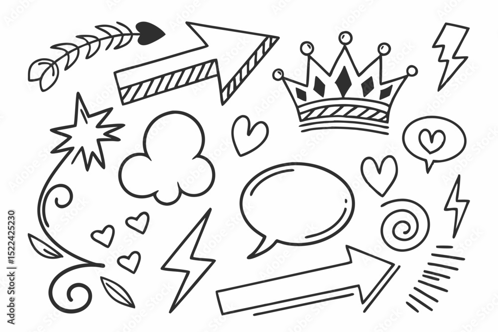Fototapeta premium Doodle art collection with arrows hearts crown speech bubbles lightning starburst and decorative floral elements
