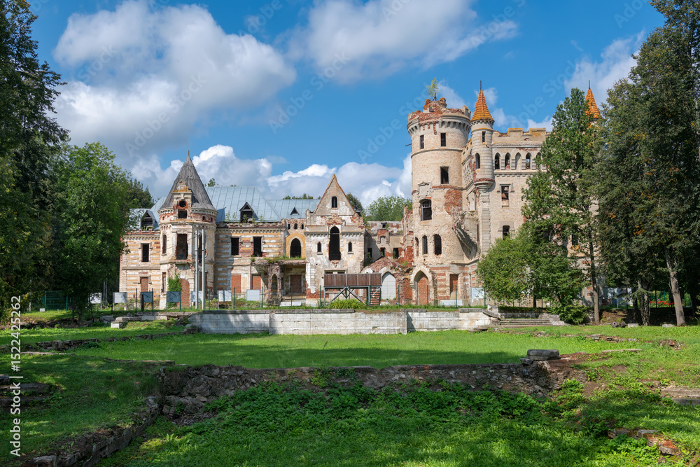 Fototapeta premium The ruins of an abandoned castle in the estate of Vladimir Khrapovitsky. Muromtsevo. architectural monument of the 19th century Neo-Gothic. Vladimir region, Russia