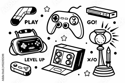 Gaming elements and graphics in black and white outline style for vector design suitable for game-themed branding