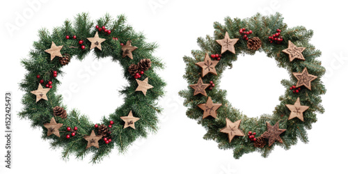 Two festive Christmas wreaths decorated with wooden stars, pine cones, and red berries on a white background