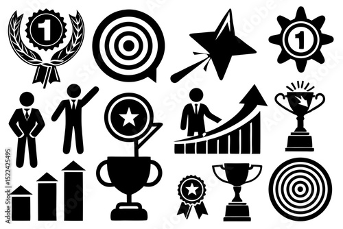 Symbolic illustration of achievement and success with icons of awards trophies targets and progress suitable for diverse design applications.
