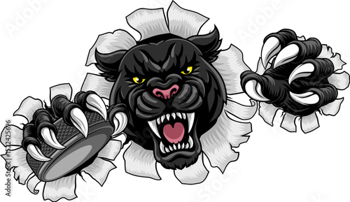 Black panther leopard or jaguar cat hockey sports team mascot holding an ice hockey puck