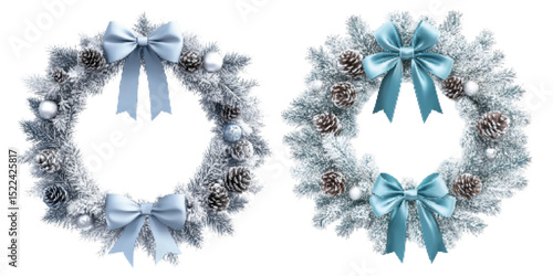 Decorative holiday wreaths with blue bows, pinecones, and frosted evergreen branches on a white background