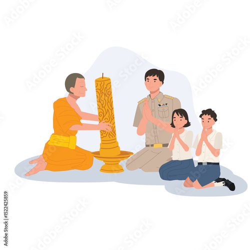 Thai school students with teacher present Buddhist Lent candles to monks.