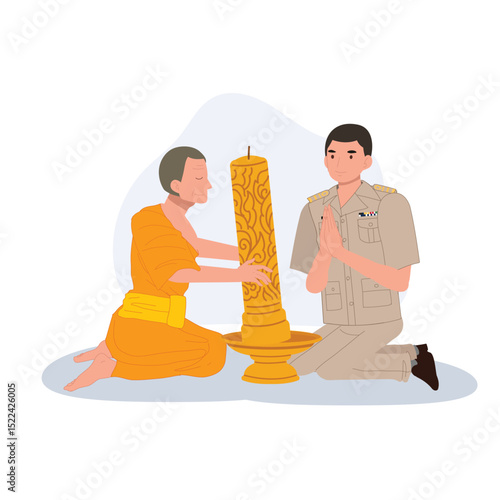 man in government uniform offering large lent candle to buddhist monk