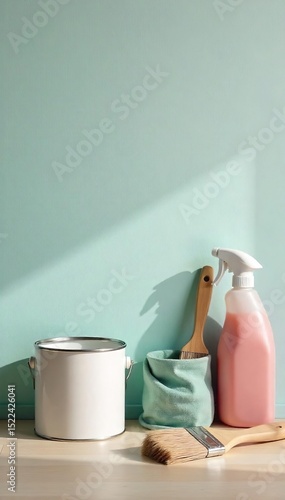 A paint can and paintbrushes rest on a freshly painted kitchen wall, surrounded by cleaning supplies A subtle, inviting domestic scene Ready for your next home improvement project , decor, housework