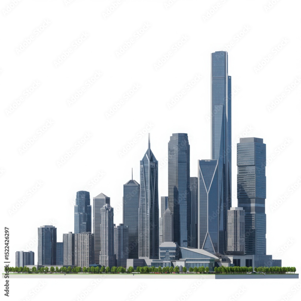 Fototapeta premium Isolated view of a modern city skyline with various skyscrapers and green trees