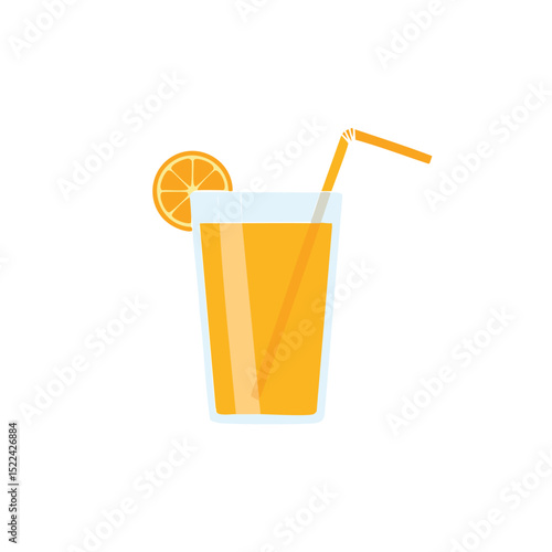 Refreshing glass of orange juice with straw and orange slice