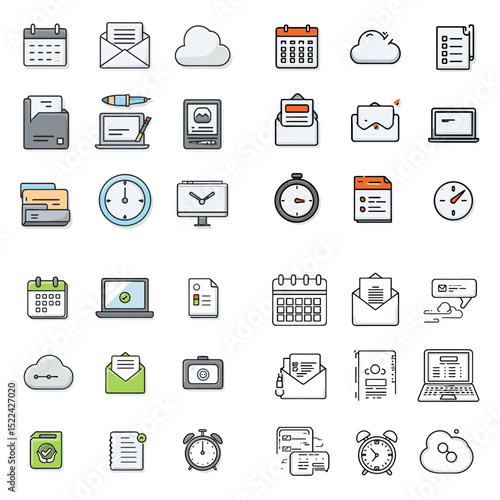 Flat icon set featuring productivity tools, calendar, cloud storage, email, laptop, files, and time tracking tools for digital workspaces.

