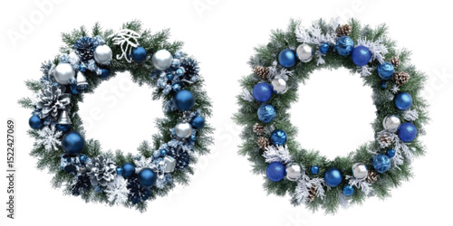 Elegant blue and silver Christmas wreath decorated with ornaments, pine cones, and artificial greenery, on a white background