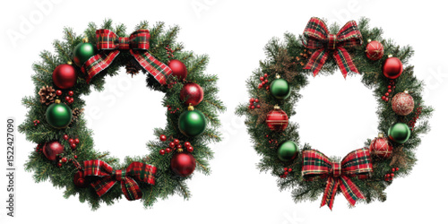 Festive Christmas wreaths decorated with green and red ornaments, plaid ribbons, and natural elements against a white background
