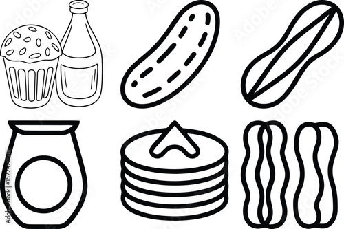 Hand Drawn Food Doodle Icons – Muffin, Pancakes, Pickle, Syrup, Bottle and Snacks