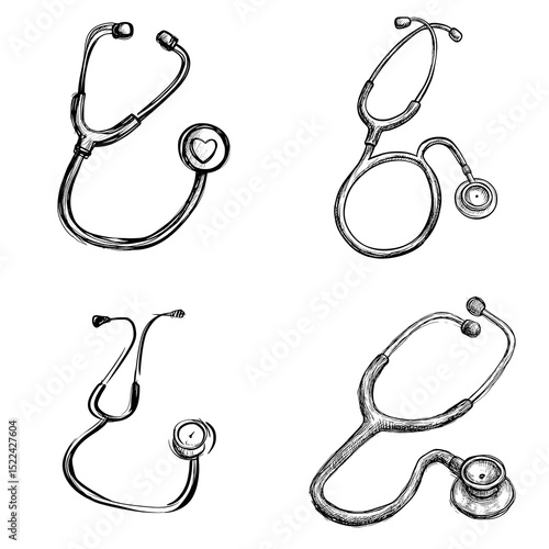 Hand-drawn black and white stethoscope illustrations for medical and healthcare themes, ideal for vintage or anatomy-style designs.

