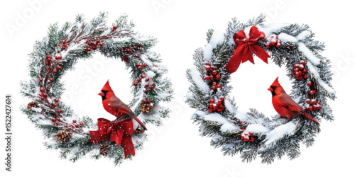 Holiday wreaths featuring vibrant red cardinals, adorned with pinecones, berries, and festive red bows on a snowy background