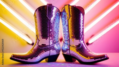 Cowboy boots and disco ball. Vibrant pop culture, modern Y2K aesthetics, glam western.