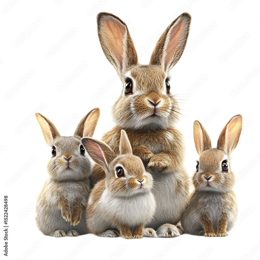 Fototapeta premium PNG Charming Family of Rabbits A CloseUp View of Four Bunnies against transparent Background