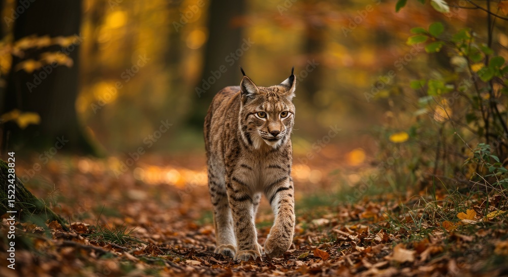 Naklejka premium Eurasian Lynx Walking Through An Autumn Forest With Golden Light