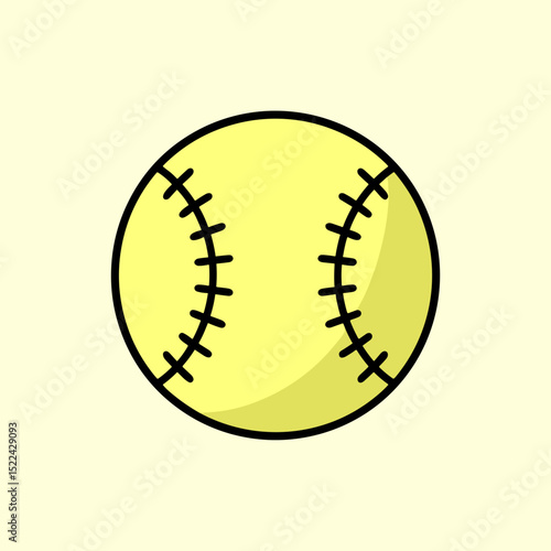Yellow softball ball with black seams on a light background  