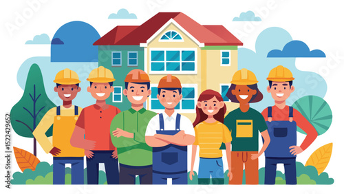 Cartoon Team of Construction Workers Smiling in Front of House Illustration with Trees