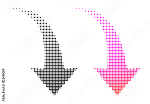 A black, magenta, curved dotted arrow points to the right and down on a transparent background. Halftone direction symbol. Arrow symbol for app, UI, web. Vector illustration