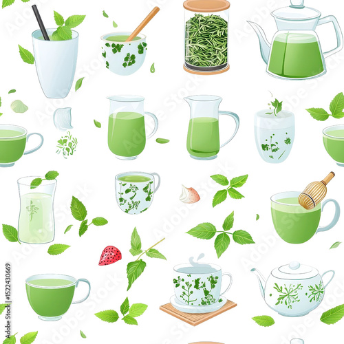 Flat style matcha green tea seamless pattern, minimalistic, isolated on white background. PNG