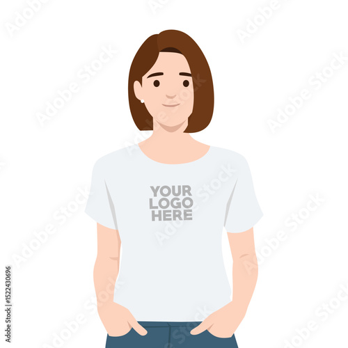 Woman wearing a white tshirt with a placeholder logo, branding or apparel design presentation. Flat vector illustration isolated on white background