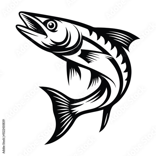 Barracuda Fish Line Art Black and White Isolated Design on White Backdrop