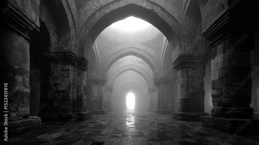 Naklejka premium Monochromatic Mystical Arches: A Journey Through Ancient Architecture