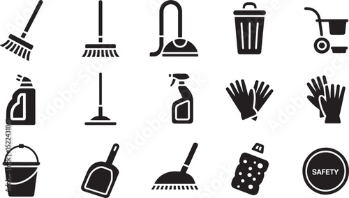Black cleaning supplies icon set depicting essential tools for housekeeping and safety