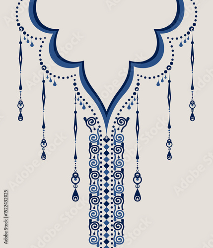 Elegant embroidery collar in Royal Indigo tones with ornamental drops and tribal swirl details. Ideal for fashion prints, neckline design, or ethnic apparel templates.