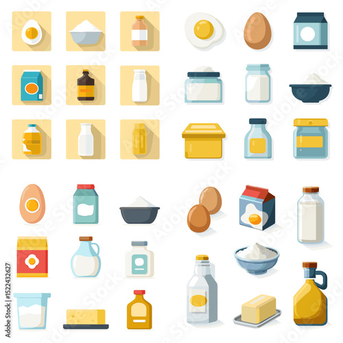 Flat cooking and dairy ingredients vector set with milk, butter, cream, eggs, bottles, cartons, and jars in yellow and white tones.

