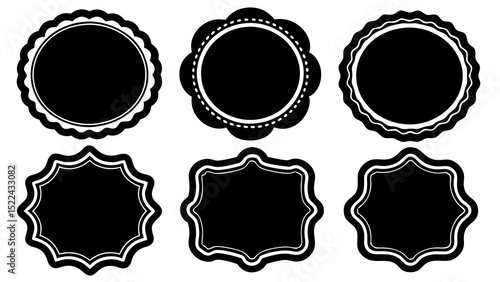 Collection of six elegant black and white labels and emblems with various decorative scalloped and ornate frame designs