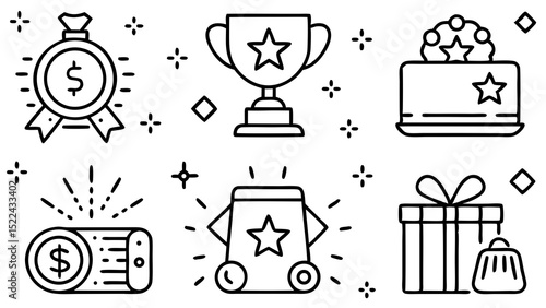 Vector illustration of diverse icons representing rewards achievement and success featuring financial incentives and gift elements