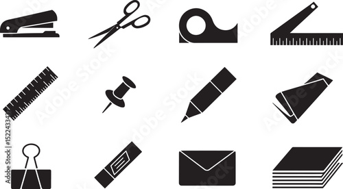 Simple black and white office and school supplies silhouettes on white background