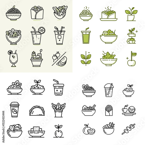 Healthy food and drink line icon set with salads, smoothies, fruit bowls, juices, and wraps. Great for organic food, vegan content, and diet planning visuals.

