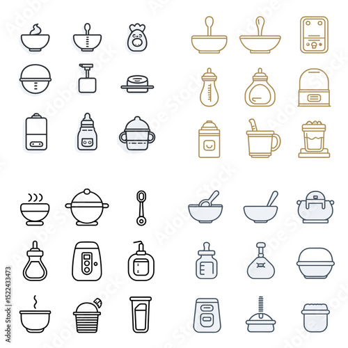 Line icon set of baby feeding tools including bottles, food containers, bowls, spoons, warmers, and sterilizers. Perfect for parenting, baby care, and feeding schedules.

