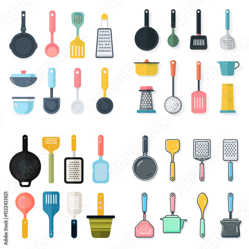 Flat vector set of kitchen utensils and cooking tools including pans, graters, ladles, spatulas, and bowls. Ideal for recipe designs, culinary apps, and food blogs.

